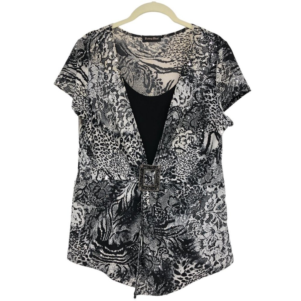 Brittany Black Grey Short Sleeve Abstract Layered Blouse size XL